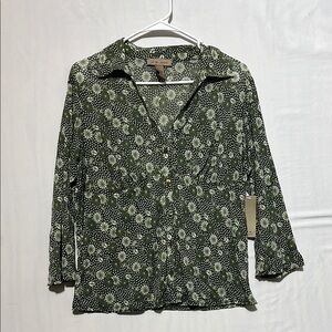 I.E. Relaxed Floral Green Women’s Button-Up Blouse‎ size L